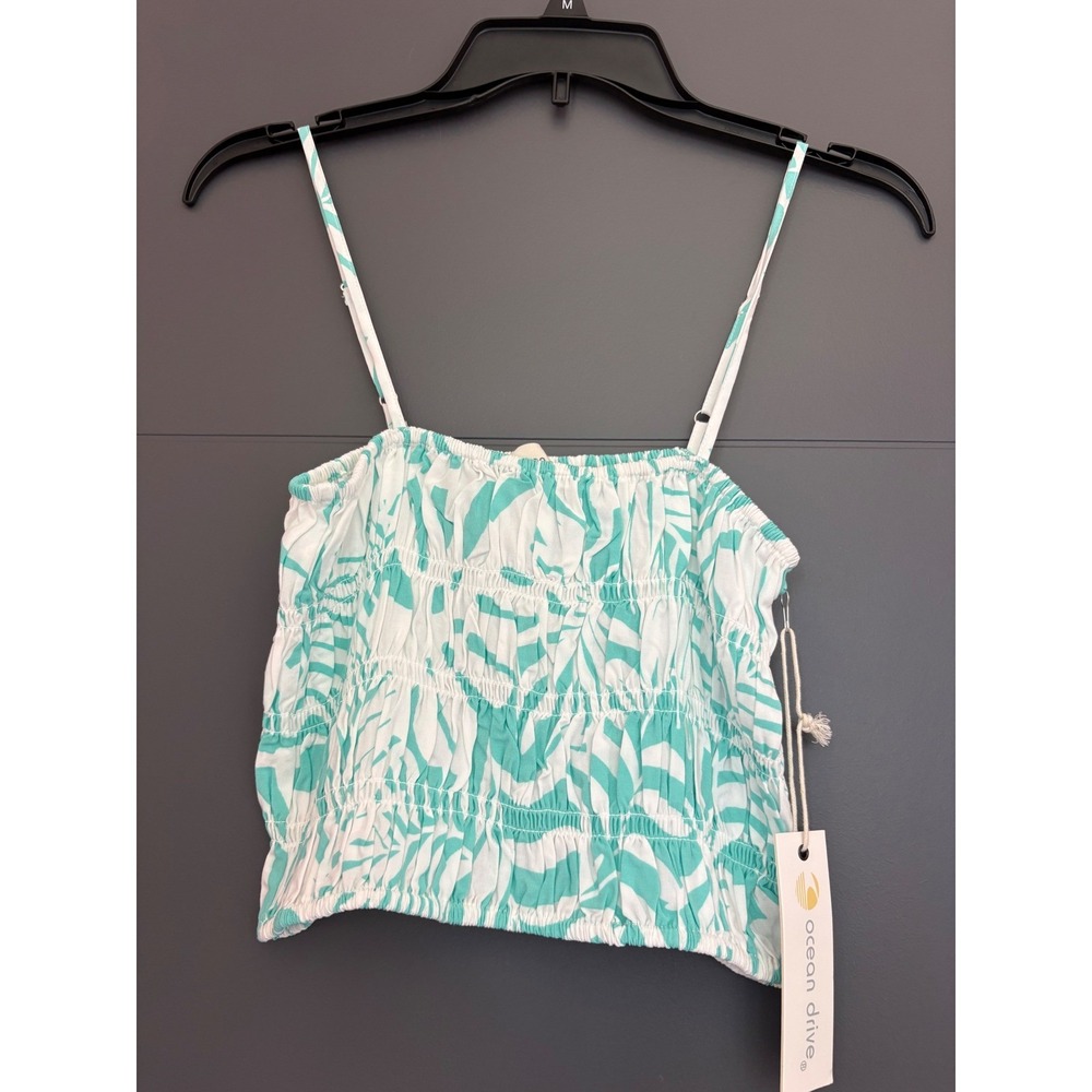Ocean Drive Womens Teal White Tropical Palm Smocked Crop Top Camisole B11552 L